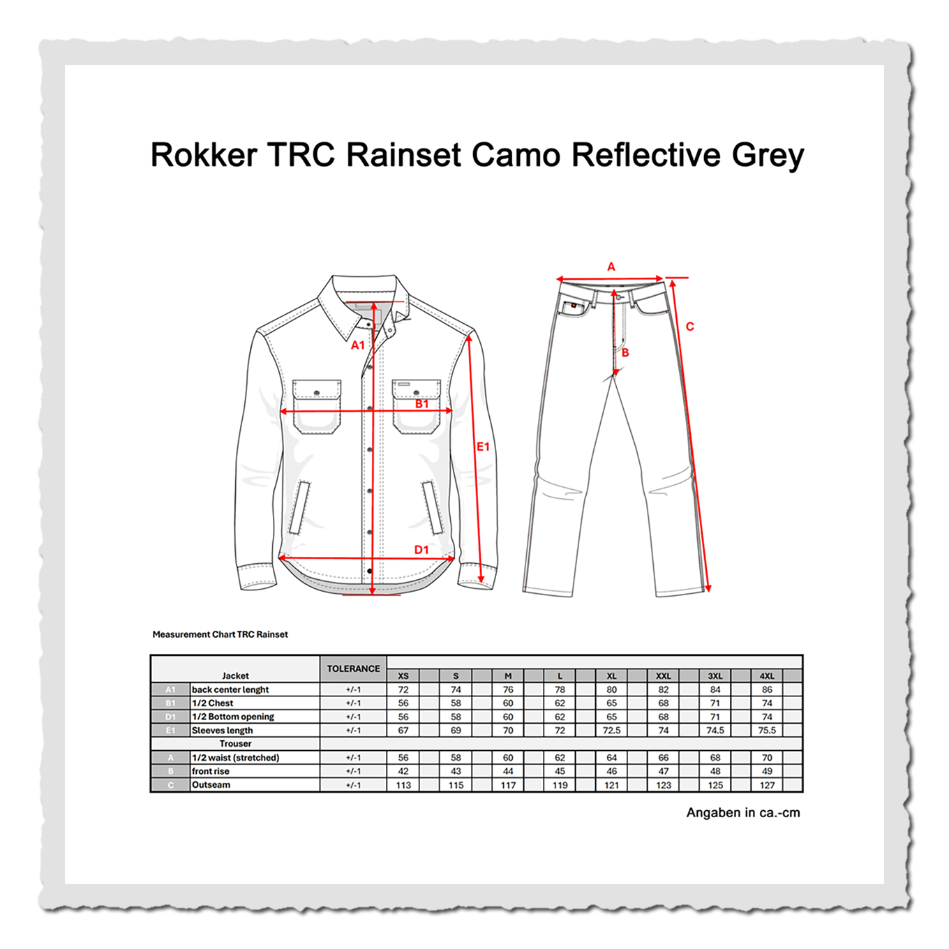 Größentabelle TRC Rainset mit Messgrafiken für Jacke und Hose, schwarze Tabelle und rote Maßpfeile auf weißem Grund.